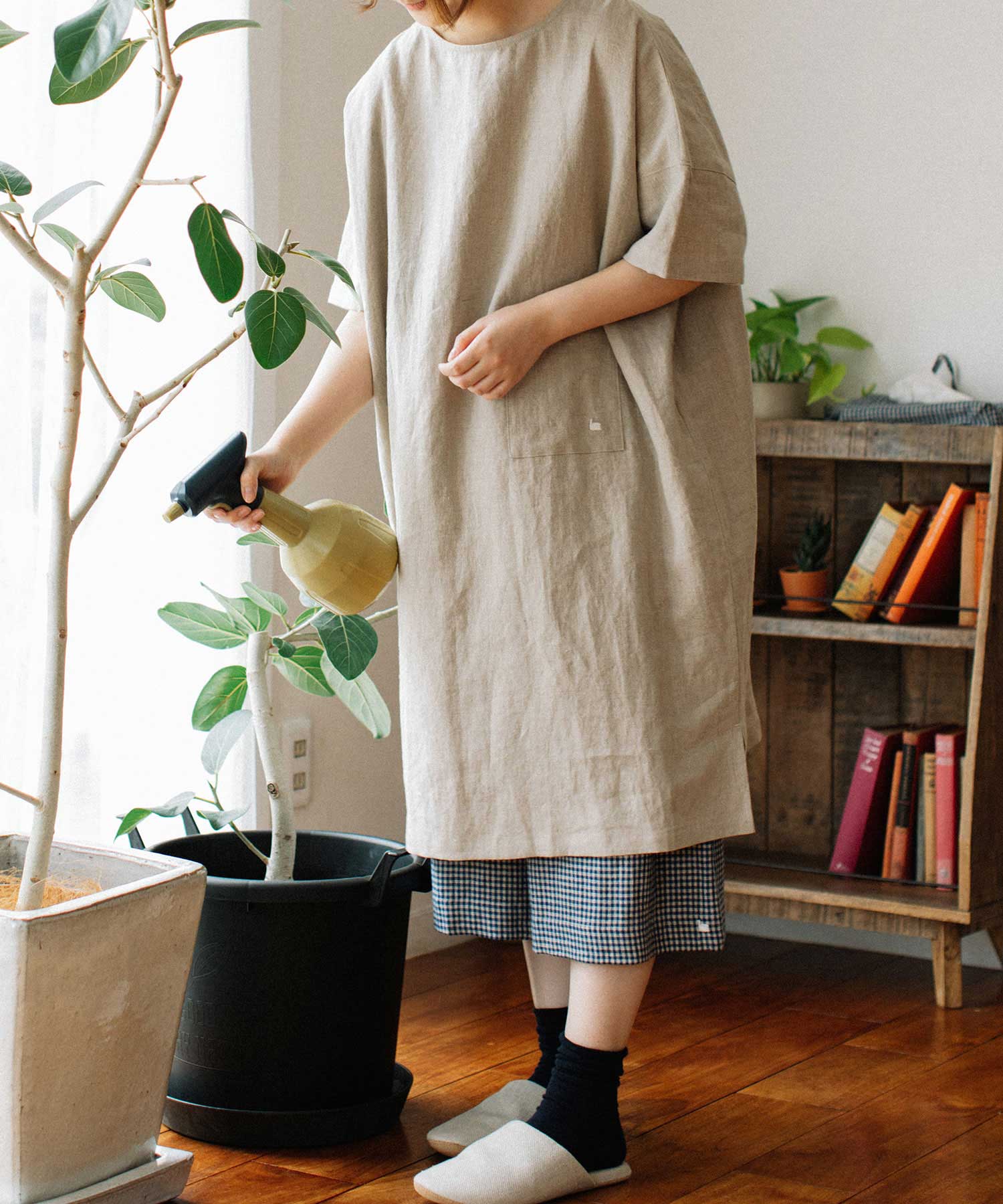 chanvreノーカラー5分袖チュニック