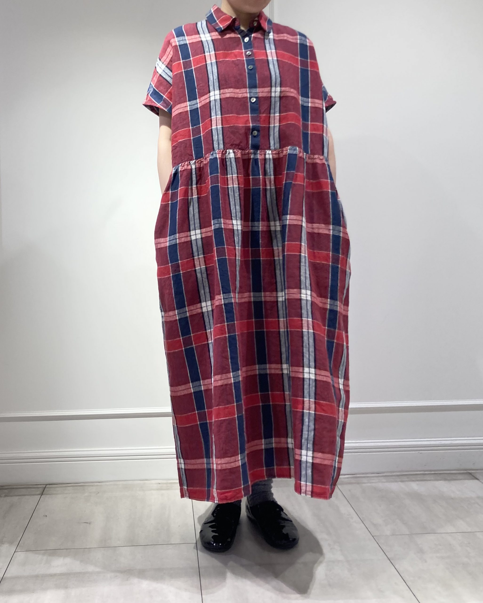 【丸井今井札幌本店】初の２サイズ展開！！　リネン先染めチェック切り替えギャザー半袖ワンピース