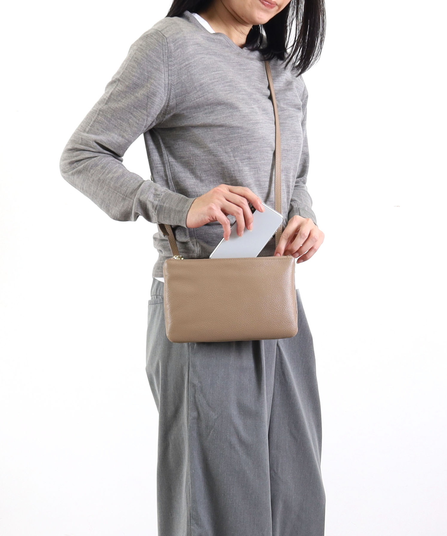 シュリンクレザー２連ショルダーバッグ 定番FG