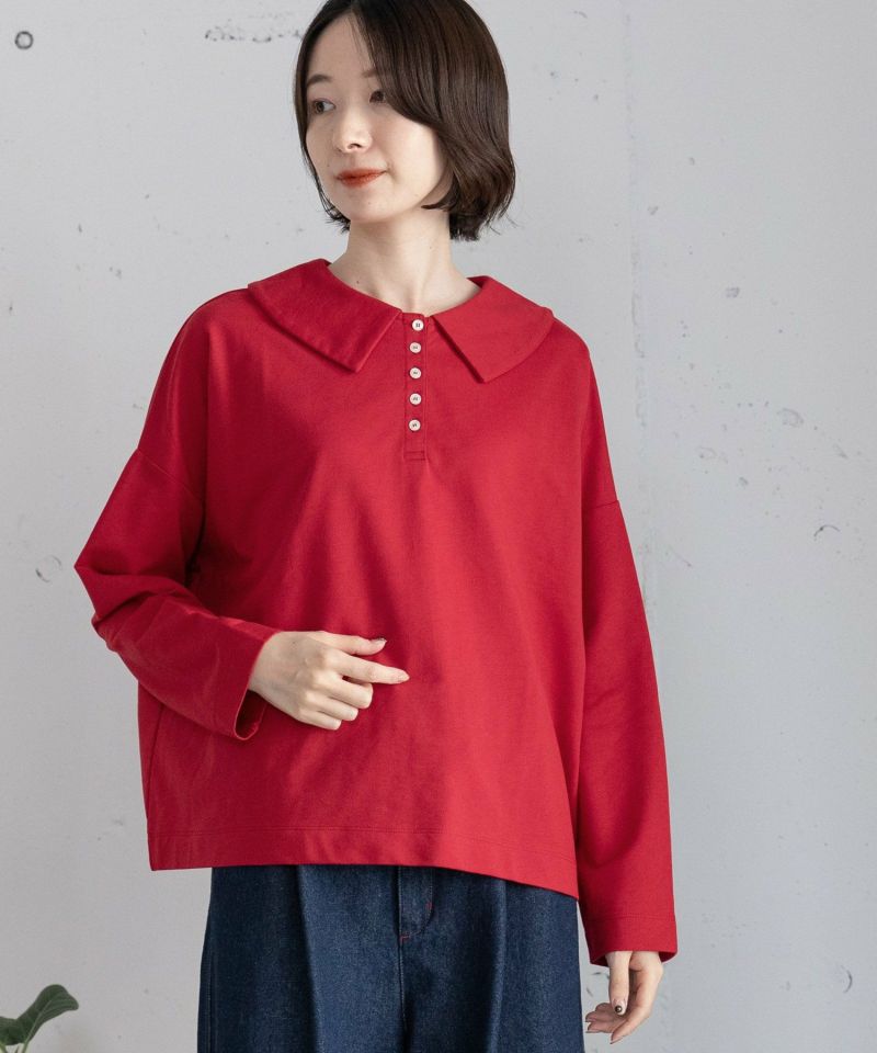 フラットカラー並びボタン長袖トップス
