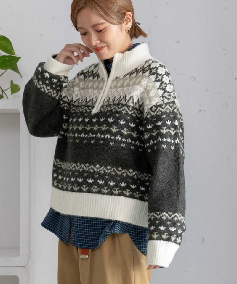 ハーフzipジャガードニット
