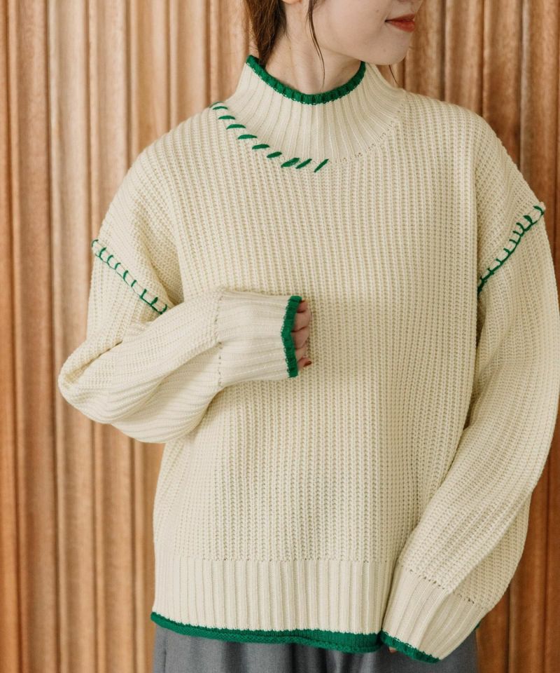 あぜ編み配色ハイネックニット