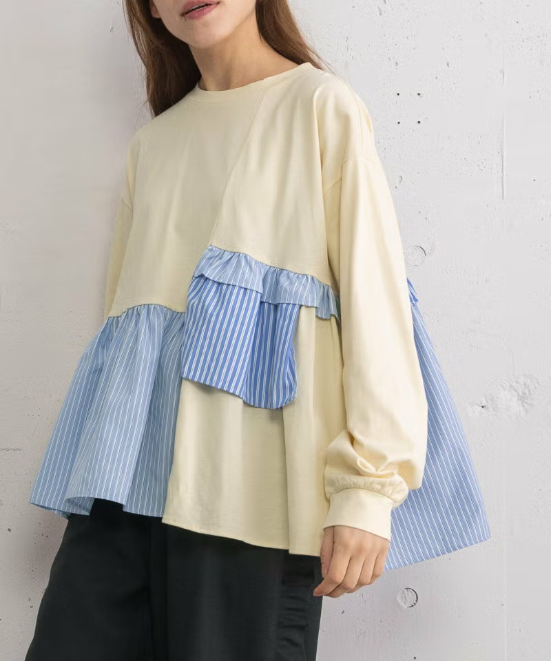 異素材mixデザインヘムトップス