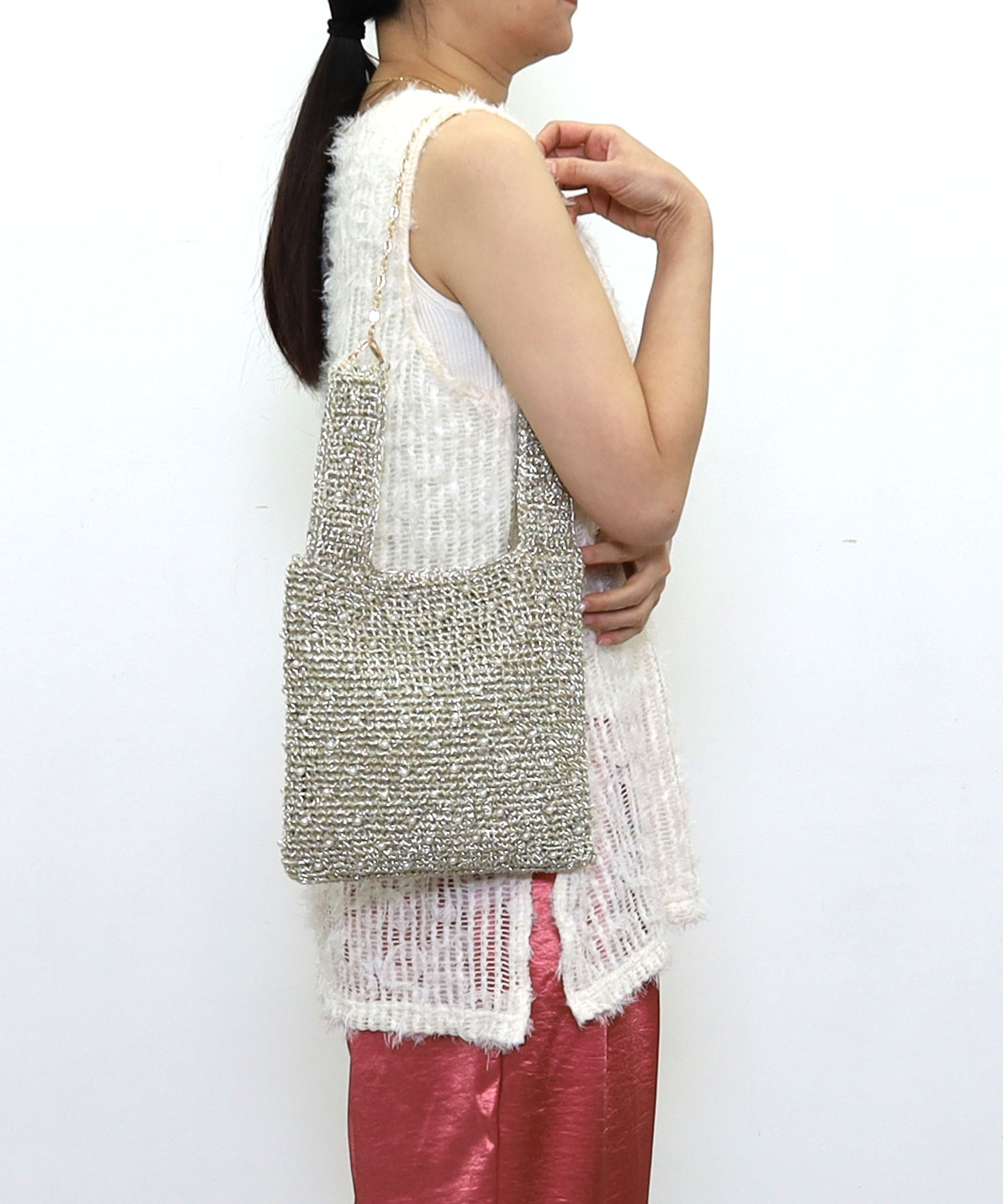 パール付メタリック配色編み２ＷＡＹバッグ