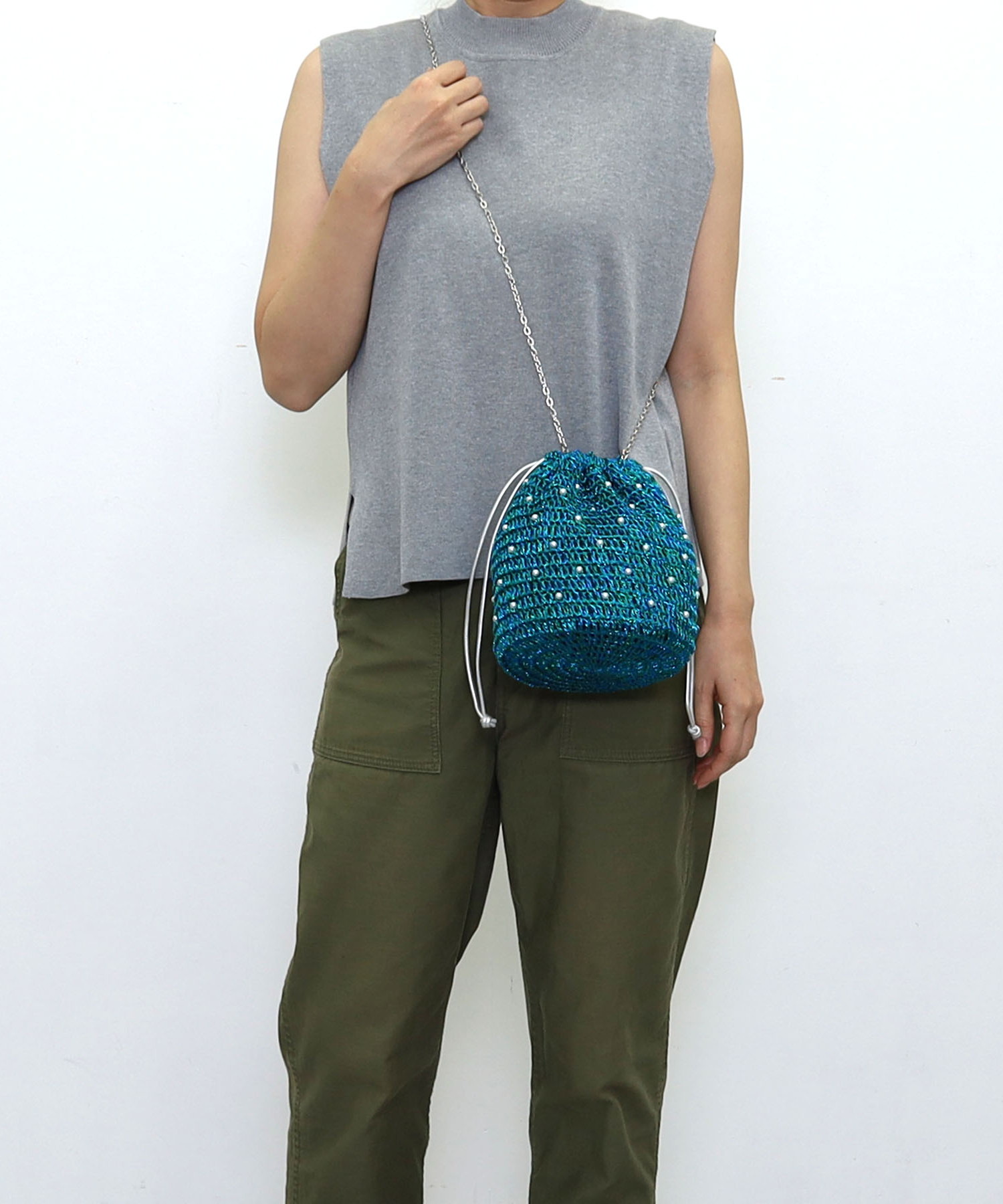 パール付メタリック配色編み２ＷＡＹ巾着バッグ