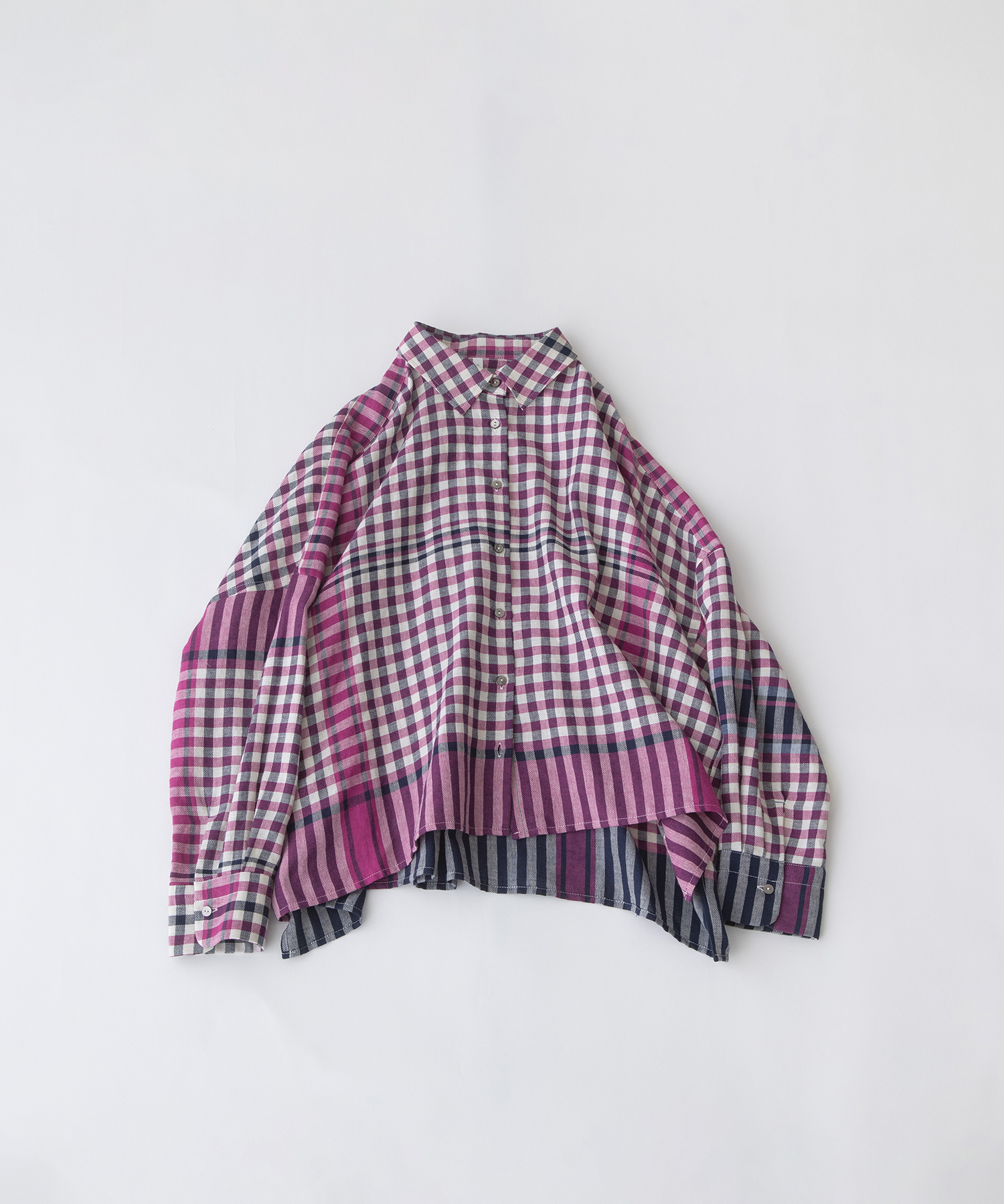 コットンリネンキッチンクロス風パネルチェックシャツ