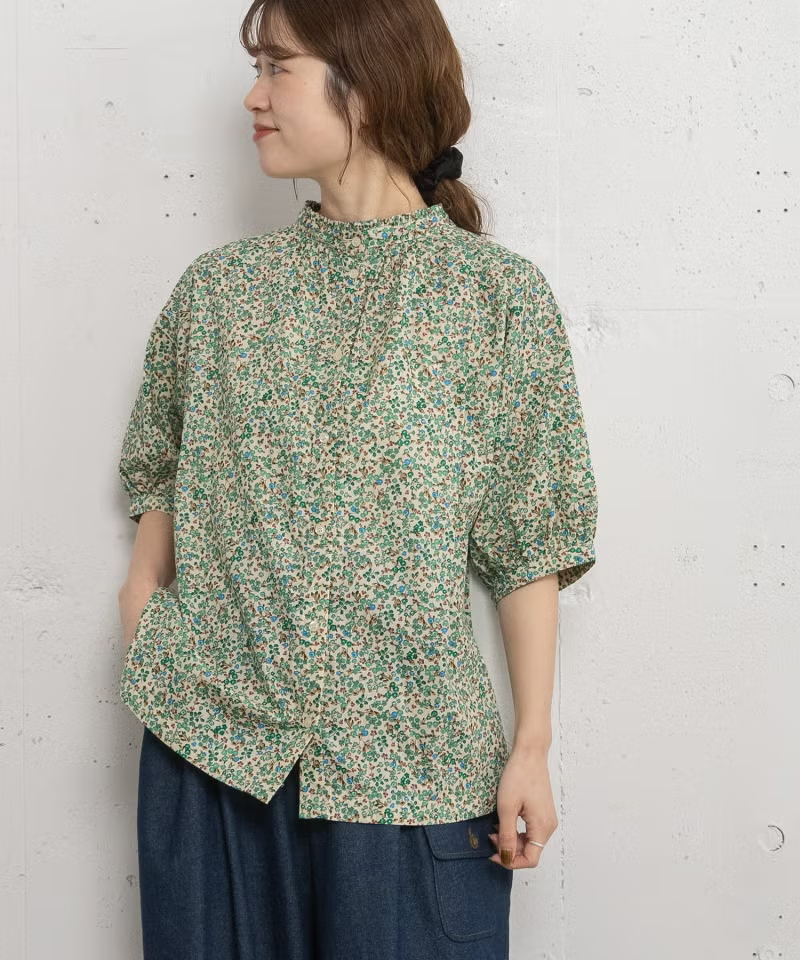 2wayスタンドフリル布帛使い半袖トップス