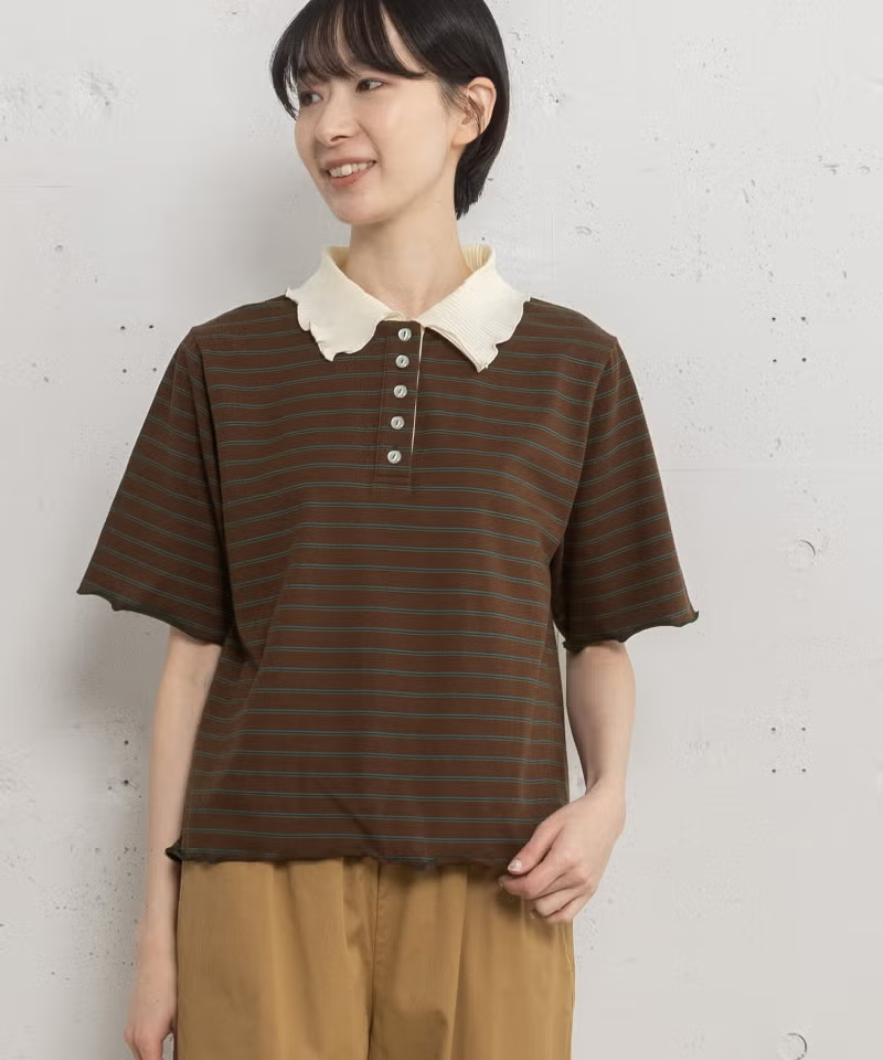 並びボタン配色衿半袖トップス