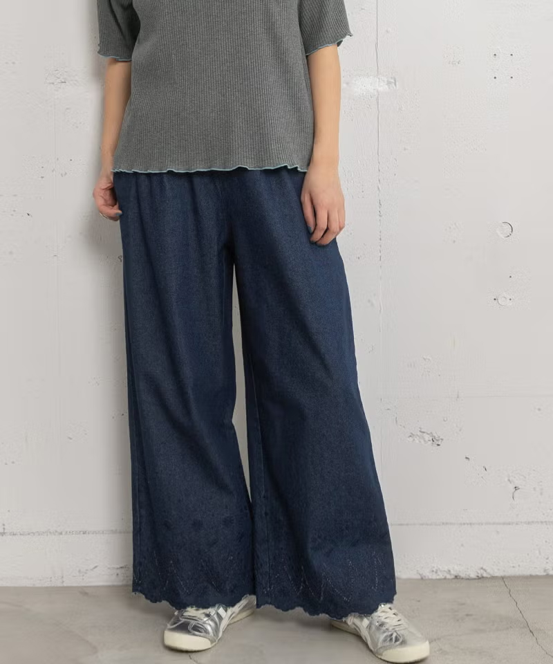 裾スカラップバード刺繍パンツ