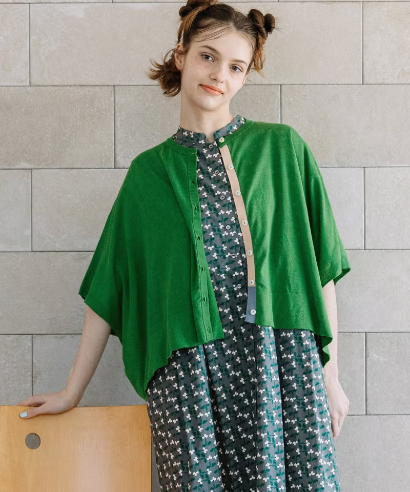 下前立て配色ニットケープカーディガン